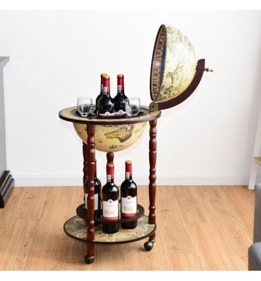 17 Inch Italian Style Design Wooden Globe Liquor Bottle Wine Rack with Wheels