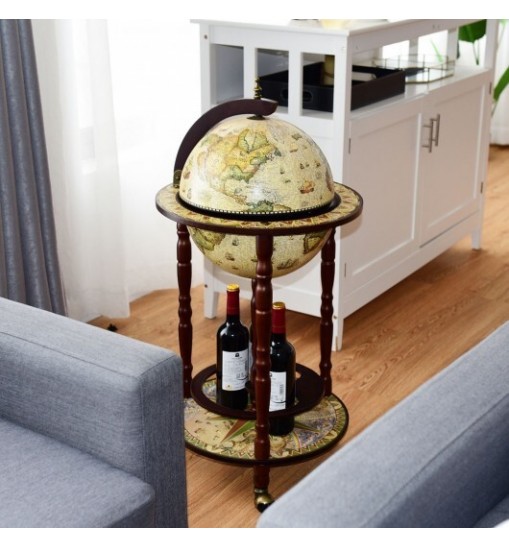 17 Inch Italian Style Design Wooden Globe Liquor Bottle Wine Rack with Wheels