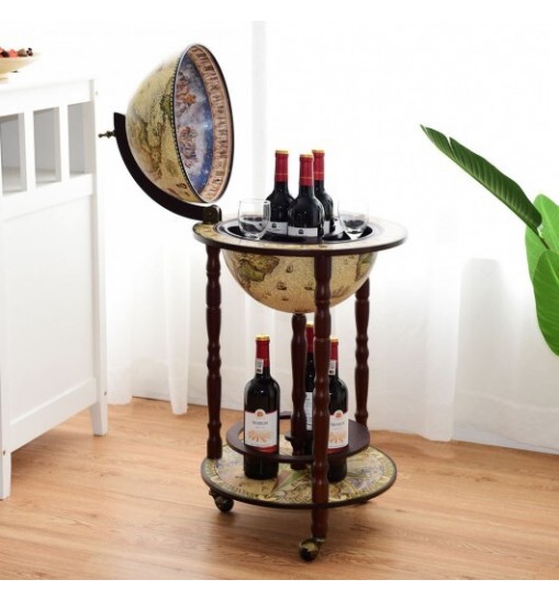 17 Inch Italian Style Design Wooden Globe Liquor Bottle Wine Rack with Wheels