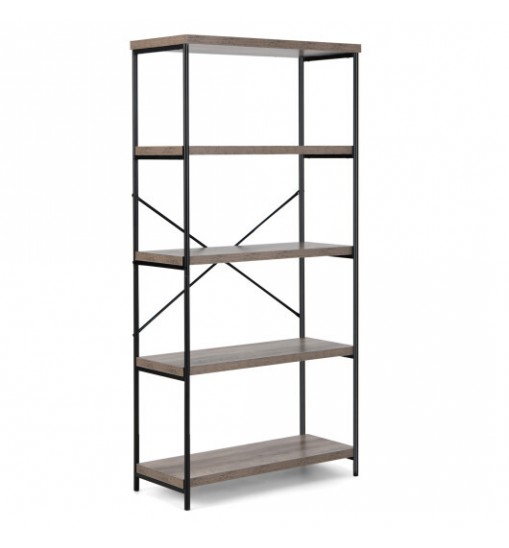 5-Tier Industrial Bookshelf Display Storage Rack with Metal Frame-Gray