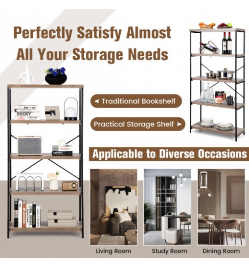 5-Tier Industrial Bookshelf Display Storage Rack with Metal Frame-Gray