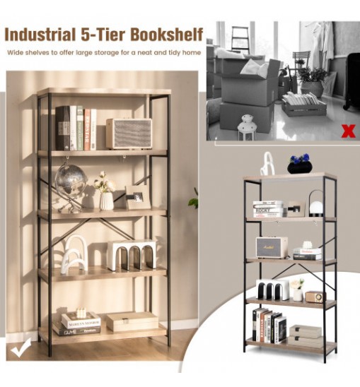 5-Tier Industrial Bookshelf Display Storage Rack with Metal Frame-Gray