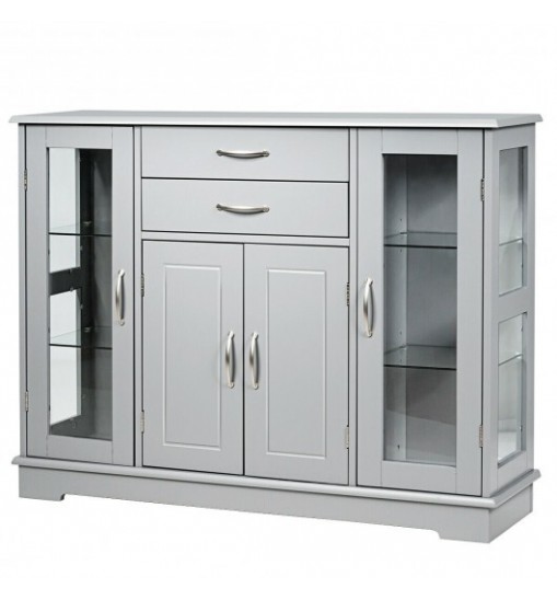 Sideboard Buffet Server Storage Cabinet with 2 Drawers and Glass Doors-White