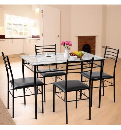 5 Pieces Dining Set with Tempered Glass Top Table and 4 Upholstered Chairs