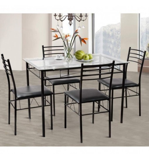 5 Pieces Dining Set with Tempered Glass Top Table and 4 Upholstered Chairs