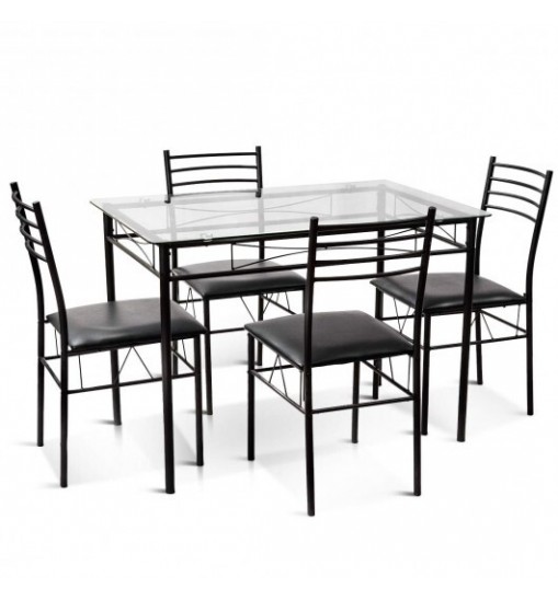 5 Pieces Dining Set with Tempered Glass Top Table and 4 Upholstered Chairs