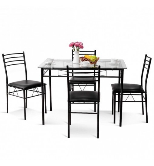 5 Pieces Dining Set with Tempered Glass Top Table and 4 Upholstered Chairs