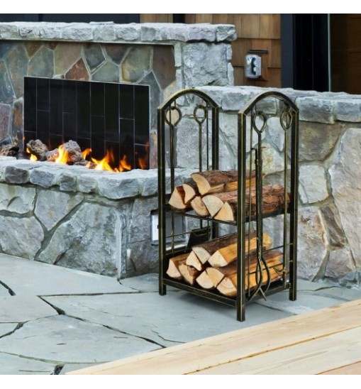 Fireplace Log Rack with 4 Tools Set Fireside Firewood Holder