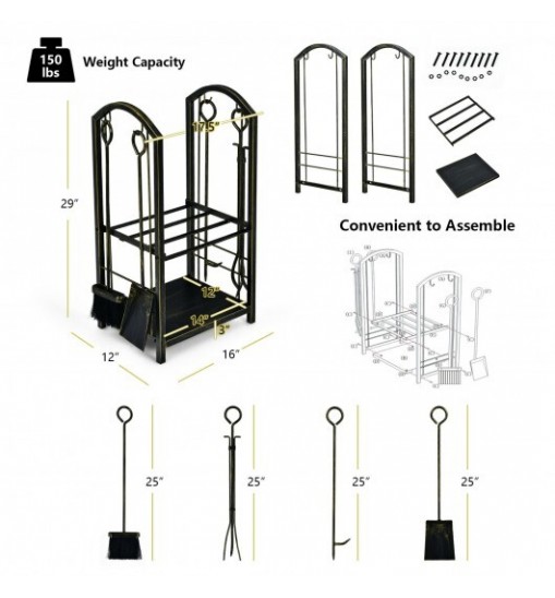 Fireplace Log Rack with 4 Tools Set Fireside Firewood Holder