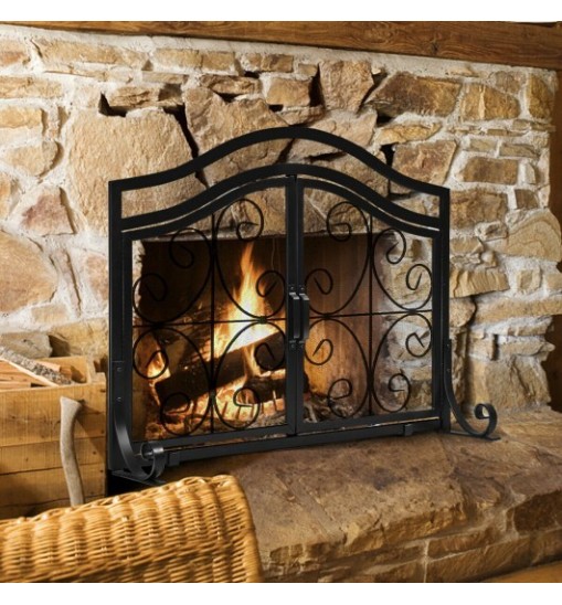 Fireplace Screen with Hinged Magnetic Two-doors Flat Guard