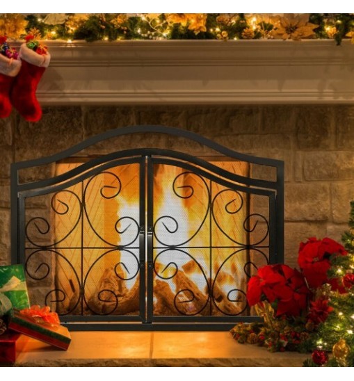 Fireplace Screen with Hinged Magnetic Two-doors Flat Guard