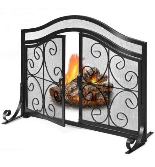 Fireplace Screen with Hinged Magnetic Two-doors Flat Guard