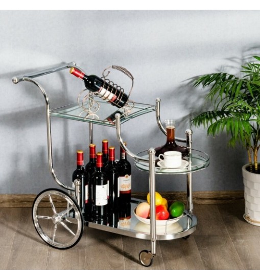 Kitchen Rolling Bar Cart with Tempered Glass Suitable for Restaurant and Hotel