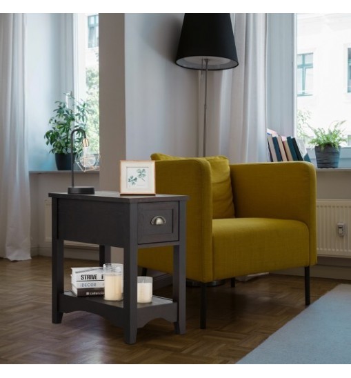 Set of 2 Contemporary Side End Table with Drawer-Walnut