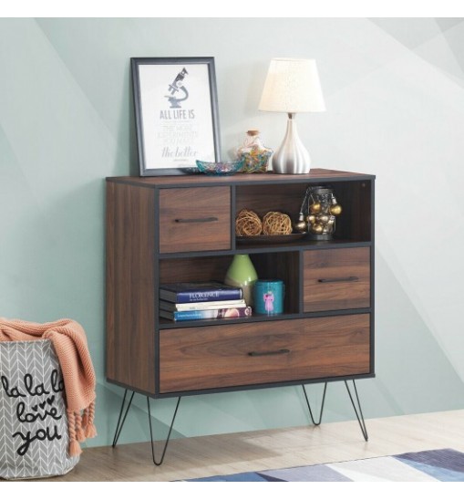 3-Tier Wood Storage Cabinet with Drawers and 4 Metal Legs