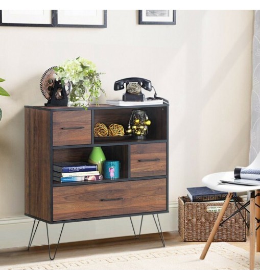 3-Tier Wood Storage Cabinet with Drawers and 4 Metal Legs