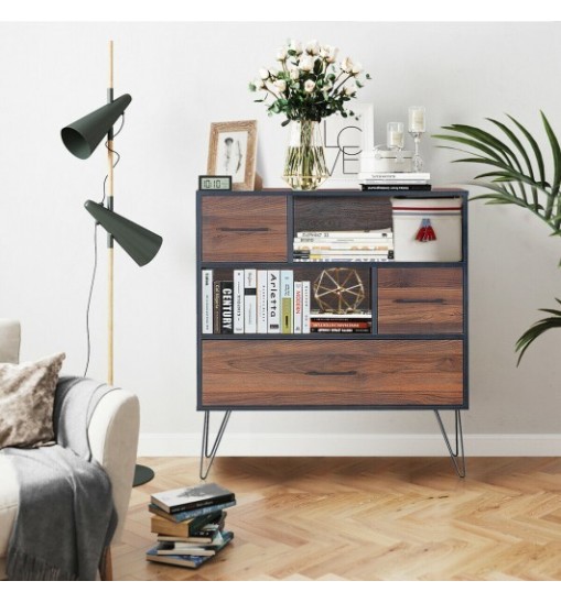 3-Tier Wood Storage Cabinet with Drawers and 4 Metal Legs