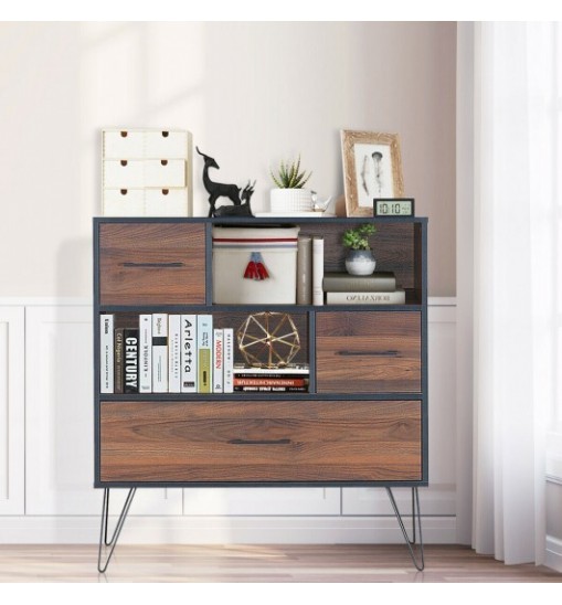 3-Tier Wood Storage Cabinet with Drawers and 4 Metal Legs