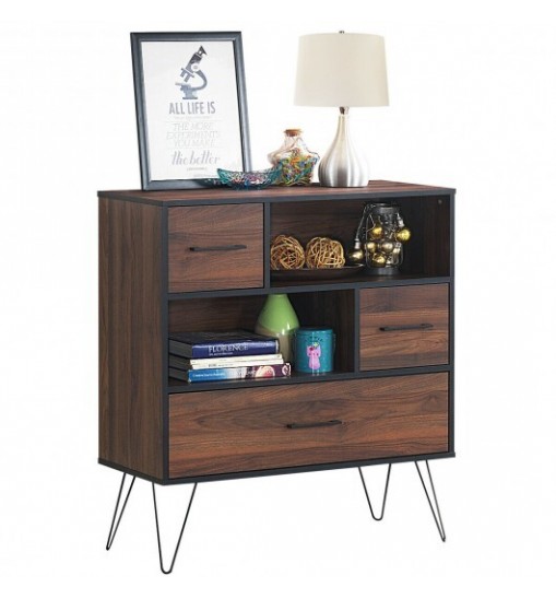 3-Tier Wood Storage Cabinet with Drawers and 4 Metal Legs