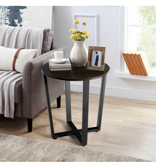 2-tier Round End Table with Storage Shelf & Metal Frame-Walnut