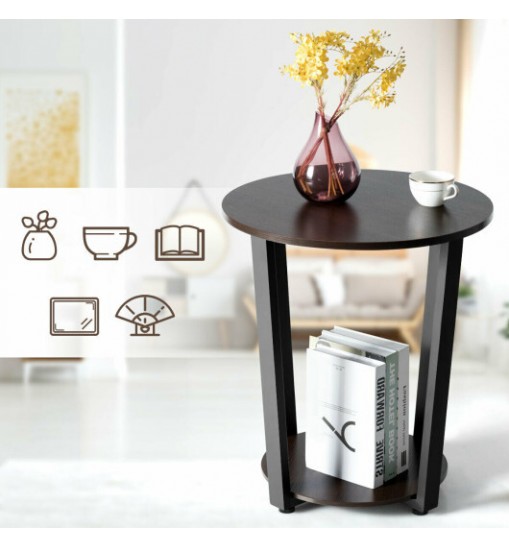 2-tier Round End Table with Storage Shelf & Metal Frame-Walnut