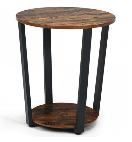 2-tier Round End Table with Storage Shelf & Metal Frame-Walnut