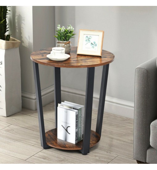 2-tier Round End Table with Storage Shelf & Metal Frame-Walnut