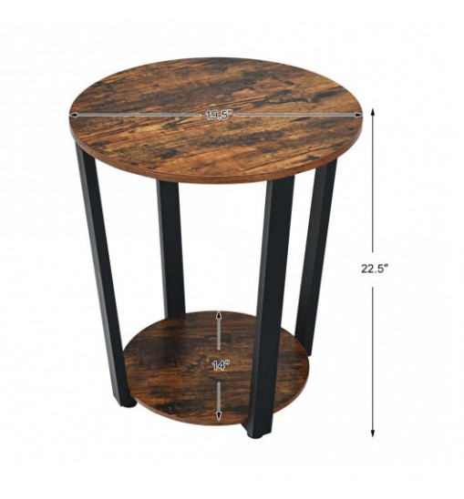 2-tier Round End Table with Storage Shelf & Metal Frame-Walnut