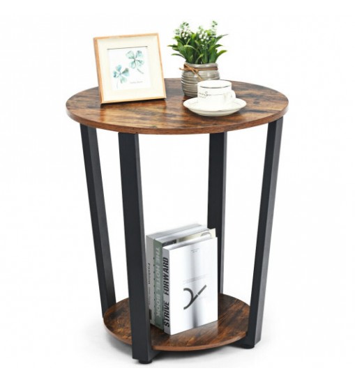 2-tier Round End Table with Storage Shelf & Metal Frame-Walnut