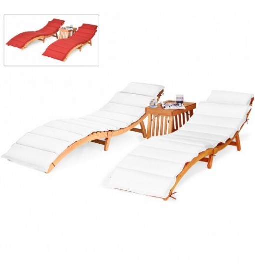 3 Pieces Folding Patio Eucalyptus Wood Lounge Chair Set with Foldable Side Table