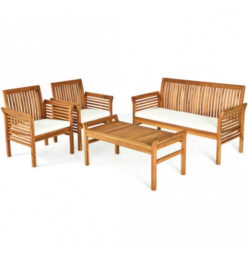 4 Pieces Outdoor Acacia Wood Sofa Furniture Set