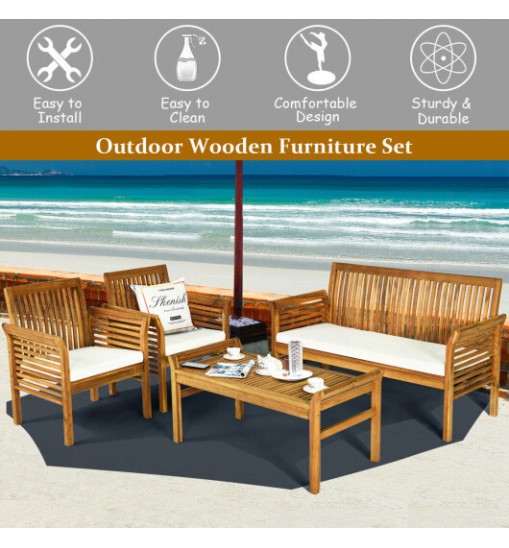 4 Pieces Outdoor Acacia Wood Sofa Furniture Set