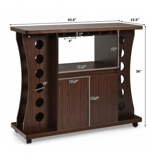 Rolling Buffet Sideboard Wooden Bar Storage Cabinet-Walnut