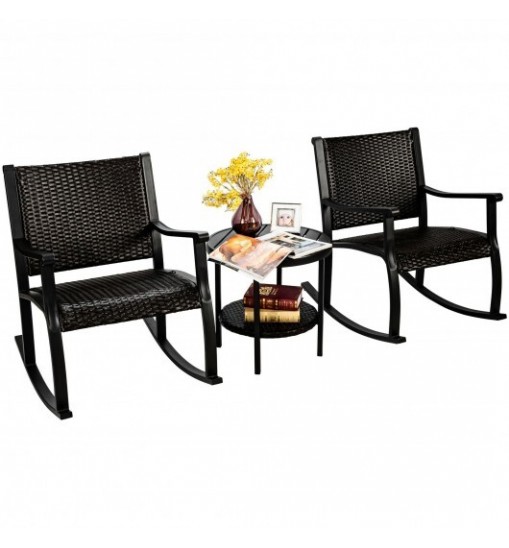 3 Pieces Patio Rattan Furniture Set with Coffee Table and Rocking Chairs