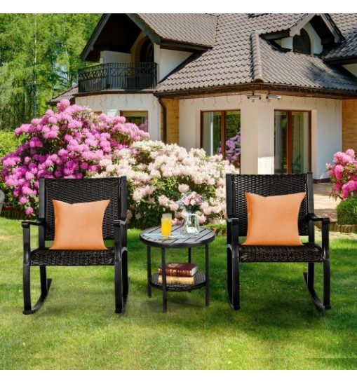 3 Pieces Patio Rattan Furniture Set with Coffee Table and Rocking Chairs