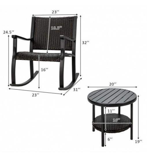 3 Pieces Patio Rattan Furniture Set with Coffee Table and Rocking Chairs