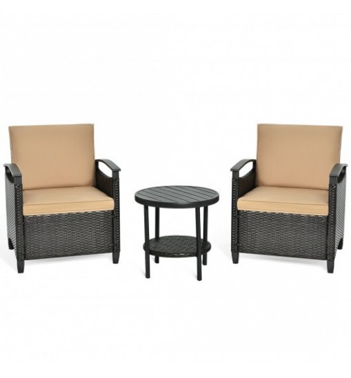 3 Pieces Patio Rattan Furniture Set Cushioned Sofa Storage Table with Shelf Garden