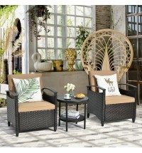 3 Pieces Patio Rattan Furniture Set Cushioned Sofa Storage Table with Shelf Garden