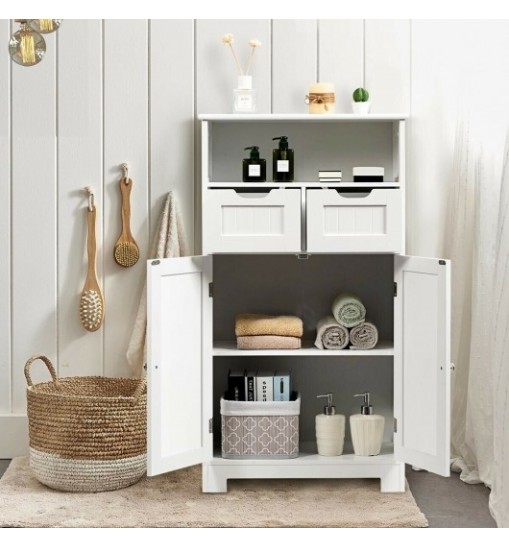 Bathroom Wooden Side Cabinet  with 2 Drawers and 2 Doors-White