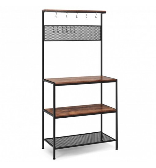 4-Tier Kitchen Rack Stand with Hooks and Mesh Panel