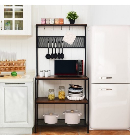 4-Tier Kitchen Rack Stand with Hooks and Mesh Panel