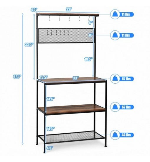 4-Tier Kitchen Rack Stand with Hooks and Mesh Panel