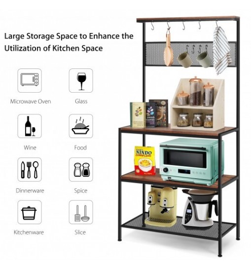 4-Tier Kitchen Rack Stand with Hooks and Mesh Panel