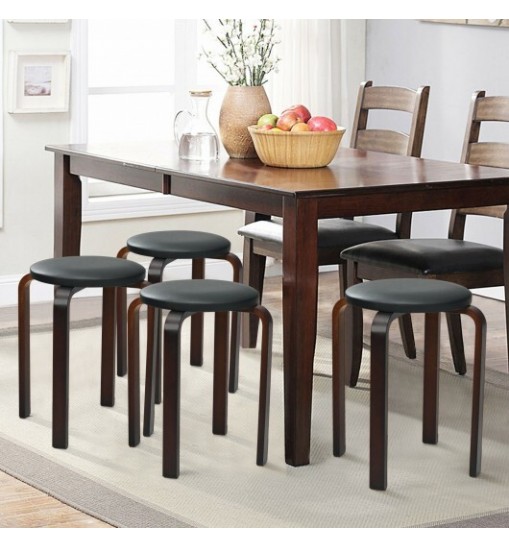 Set of 4 Bentwood Round Stool Stackable Dining Chairs with Padded Seat-Black