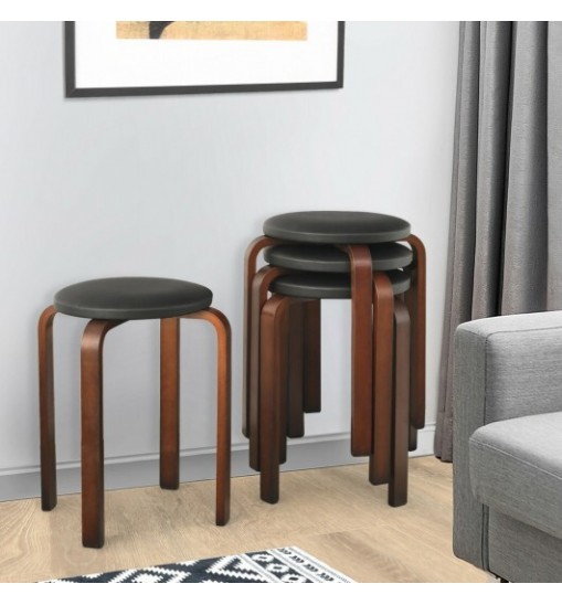 Set of 4 Bentwood Round Stool Stackable Dining Chairs with Padded Seat-Black