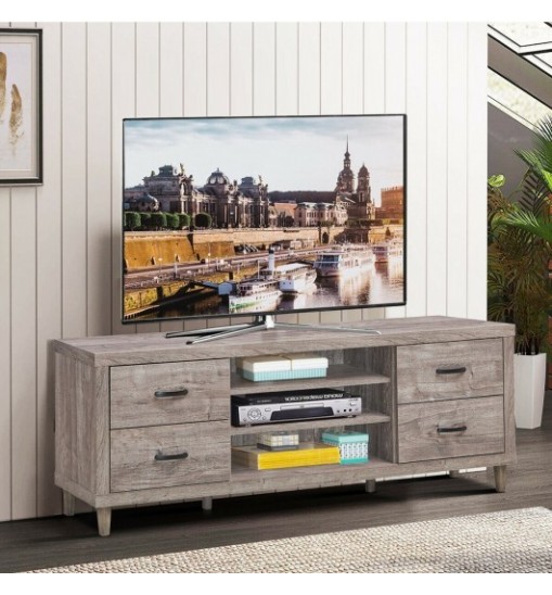 Retro Wooden TV Stand with 3 Open Shelves and 4 Drawers