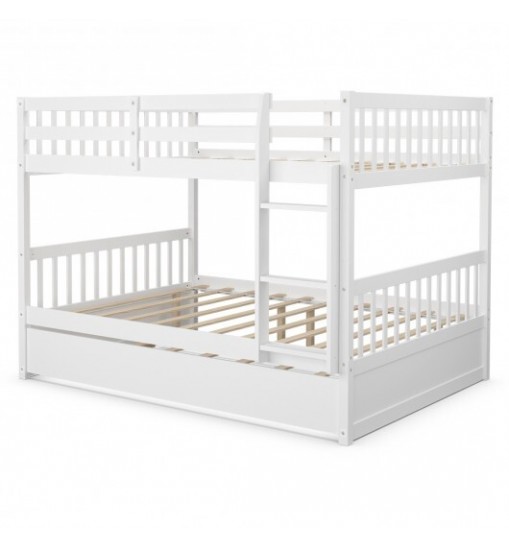 Full over Full Bunk Bed Platform Wood Bed with Ladder-White