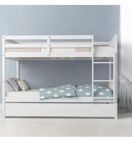 Full over Full Bunk Bed Platform Wood Bed with Ladder-White