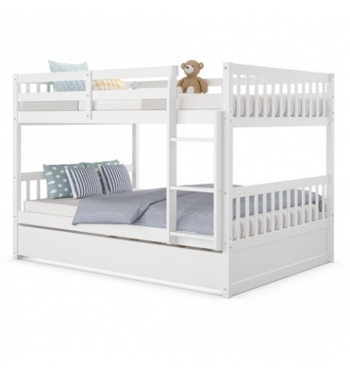 Full over Full Bunk Bed Platform Wood Bed with Ladder-White