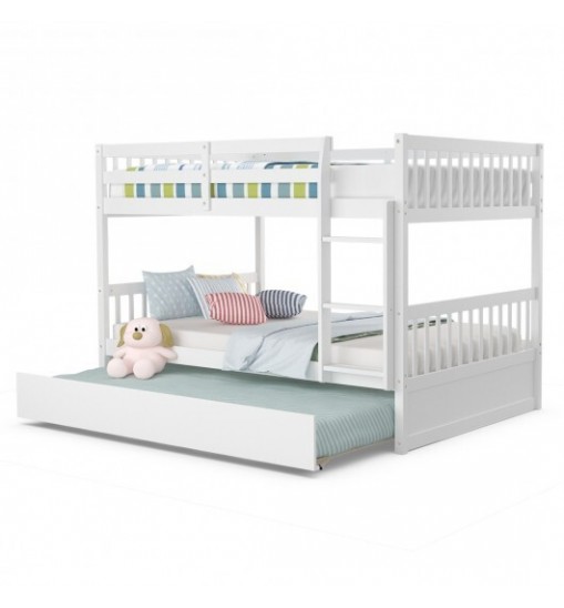 Full over Full Bunk Bed Platform Wood Bed with Ladder-White